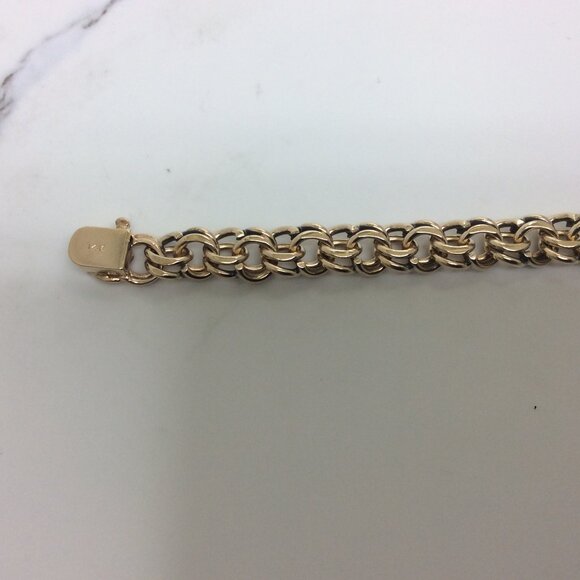 14K Yellow Real Solid Gold 8.00mm double Circle Curb Link Charm Bracelet 7 1/2'' - Picture 3 of 8